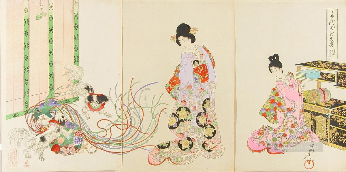 excited dogs inu no kurui 1896 Toyohara Chikanobu bijin okubi e Oil Paintings